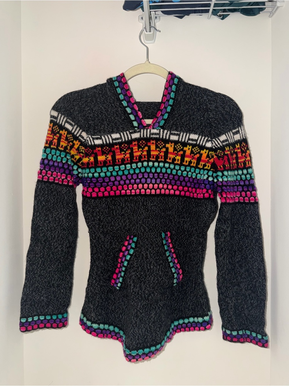 Women's Multicolor Patterned Knit Sweater Hoodie - Black